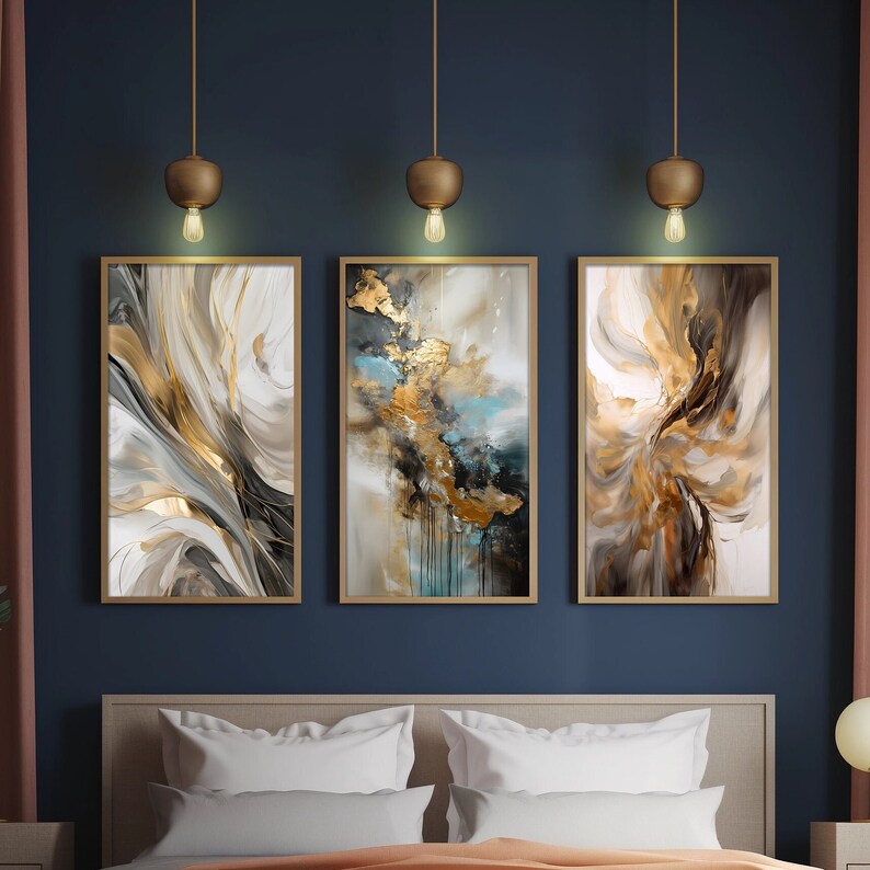 Abstract Wall Art - Lush Gold and Blue Design - Set of 3 Prints